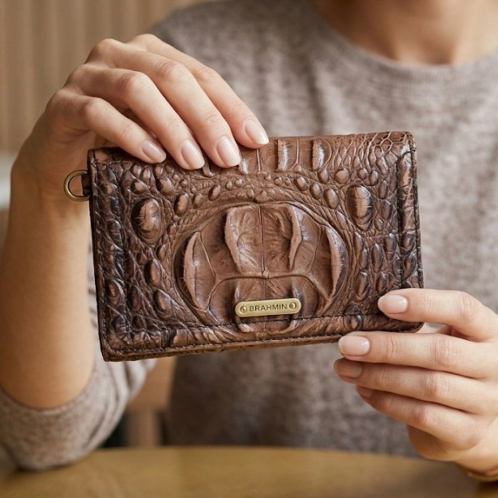 Brahmin Melbourne Crocodile Embossed Leather Trifold Wallet - Pecan Brown